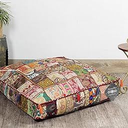 Cotton Khambadiya Pouf Floor Pillow Dogbed Patbed Floor Seating Square Shibori Dyed Floor Cushion 35 x 35 Inch (Without Insert, Brown)-image-45