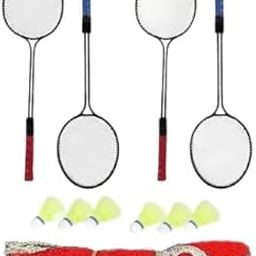 Generic Badminton Combo 4 Pc Double Shaft Racket + Badminton Net + Nylon Shuttle 10 pc-10