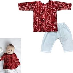 The Root And Craft Kids Birthday Photoshoot Outfit Dress Boys Bandhani printed Kurta & Pant set Born Baby Photography Photoshoot Props(0 to 3Month) Red-image-59