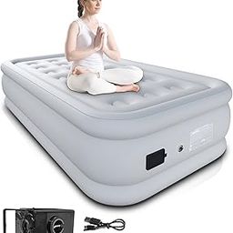 HikerSKY Twin Fabric Air Bed with Wireless Battery Pump, Blow Up Inflatable Mattress for Camping,Guest Bed,18''Grey-picture-18