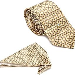 Mens Beige Silk Necktie Set Incl Pocket Square Golden Tiepin American Style Formal Tie Gift Set for Men (TEGPBG)-image-85
