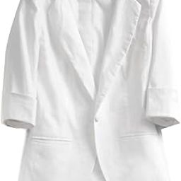 Womens Linen 3/4 Sleeve Notched Lapel Boyfriend Blazer Jacket - White --image-23