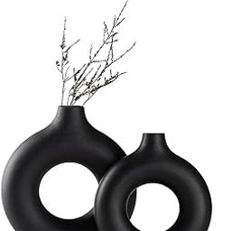 The Pot Dealer Black Donut Vase Matt Finish Ceramic Vase for Flowers Handmade Minimalist Style Modern Home Decor Round Shape Table Party Living Room Office Bedroom (Medium Large)-image-49