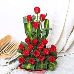 FlowerAura Fresh Live Flower Bouquet of 18 Red Roses Flowers In Wooden Basket For Birthday Gift, Anniversary Gift, Wedding Gift, Congratulations Gift & Gift For Special Occasions (Same Day Delivery)-image-1
