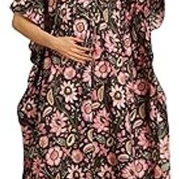 Navy Blue Floral Print Cotton Maternity Kaftan Nighty/Free Size/Printed/Drawstring/Nightdress/Nightwear/Full Length-image-98
