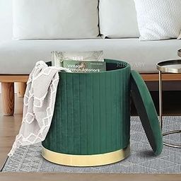 RB FURNITURE'S Round Velvet Luxurious Storage Ottoman,Vanity Stool Chair,Upholstered Foot Rest Stool with Gold Strip Base for Living Room or Bedroom Green 40D x 40W x 45H Centimeters-image-69