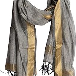 Women's Plain Silk Dupatta With Golden Border (Grey)-image-77