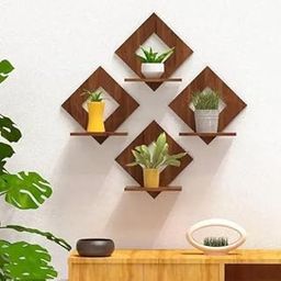 Kumawat Craft Wooden Diamond Wall Shelf Set, Decorative Floating Plant Holders, 4 Pieces, Brown-image-3