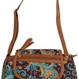 Women's Paisley Print Crossbody Handbag, Brown Faux Leather Trim, Multi-Color Floral Pattern-image-23