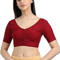 Women 100% Cotton Saree Blouse (Bra Size Fitting) Front Open With Hook Extra Stitch Margin Inside Seam Short Sleeve Solid Colour 11 Dark Maroon Size (40)-18