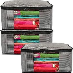 Kuber Industries Non-Woven Geometric Print Saree Covers With Zip|Wardrobe Organizer For Clothes|Transparent Window Keep 8 To 10 Saree|Suitable For Lehenga, Suit, Dress|Pack Of 3 (Black & Grey)-23