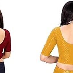 Amazon Brand - Pre Smart Round Neck Dobby Cotton Lycra Stretchable Elbow Sleeve Readymade Saree Blouse for Women Stylish-picture-21