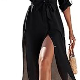 Womens Long Swimsuit Coverup Button Down Beach Summer Dress 2024 Vacation Bathing Suit Swim Cover Up Swimwear, Black, X-Large-image-19