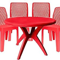 Binani 5205 Plastic Designer Chair with 9508 Table Set for Cafe/Garden/Home| Round 4 Seating Table| Plastic Stackable Armless Chair| Comfortable Seating for Balcony/Dining Area(Set of 4, Red)-25