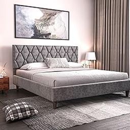 MAHALA Craft Modern Upholstered King Size Bed for Bedroom Wooden Double Bed Platform Cot Bed with Upholstery Premium Fabric 6.5 x 6 Ft Sheesham Solid Wood (Rosewood, Gray)-image-38