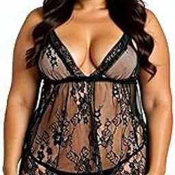 fihana Women's Babydoll Dress | Net and Lace Solid Above Knee Nighty | Short Nightwear with Panty | Sexy Plus Size| Black| Free Size-picture-48