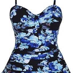 Women's 50's Retro Ruched Tankini Swimsuit Top with Ruffle Hem Blue Floral 8-image-32