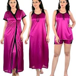 Womens Wine Nightwear Nightdress Nighty with Robe 4pc Set (Robe, Nighty, Top & Shorts)-image-80
