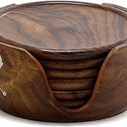 KRAFTEE Decorative Round Holder with Lotus Design, Handmade Coasters Set, Gift Item: 6 Piece Decorative Round Wood Holder Coaster Set-image-69