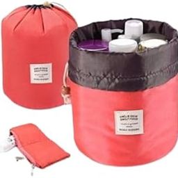 Drawstring Cosmetic Organizer Bag, Large Capacity Makeup Storage Pouch, Waterproof Travel Toiletry Case, Coral Pink and Grey-image-49