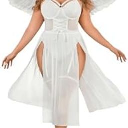 Plus Size Sheer Mesh Bodysuit with Corset Detail and High Slit Dress, Black-8