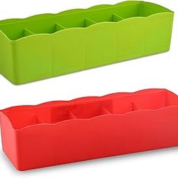 Kuber Industries (Pack of 2) Drawer Organizer | 5-Grid Plastic Storage Box | Stationery Organizer | Storage Drawer Boxes for Innerwear, Socks, Bra, Panty | Drawer Divider Box | Red & Green-44
