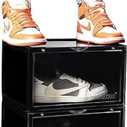SNEAKARE Plastic Shoe Storage Organizer, Set Of 2 Heavy-Duty Sneaker Box, Stackable Storage Box With Magnetic Closure, Easy, Black-image-57