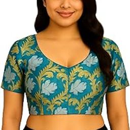 Round Neck Pure Cotton Fabric Short Sleeve Royal Blue Readmade Saree Blouse for Women's-image-78