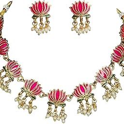 Women's Gold Plated Lotus Necklace with Earrings | Traditional South Indian Design | Intricate Bridal Micro PlatedJewelry Set | Perfect for Weddings, Bridal, & Festivals (Gold) Lotus Manju warrior Necklace with pearl design onam necklace-2