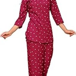 Women's Rayon Printed Round-Neck Top & Pyjamas Set Night Suit (Dark Pink)-image-84