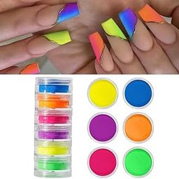 S.A.V.I 6 Jars Neon Nail Pigment Powder Set - Fluorescent DIY Nail Art Decoration (Yellow, Blue, Orange, Purple, Pink, Green) - 35g Each | Vibrant UV Gel, Acrylic Colors | Long-Lasting, Easy to Use-image-29