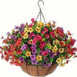 Ekhasa Artificial Faux Hanging Plants Flowers Basket for Summer Outdoor Outside Decoration, Fake Silk UV Sun Resistant Look Real Colorful Daisy Eucalyptus for Porch Home Patio Balcony Yard-image-19