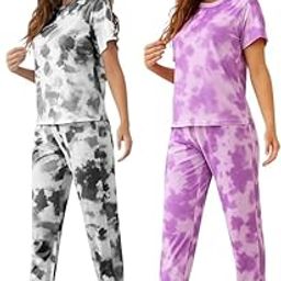 Women's Two-Piece Loungewear Set, Short Sleeve T-Shirt and Jogger Pants, Tie-Dye and Abstract Print Patterns-18
