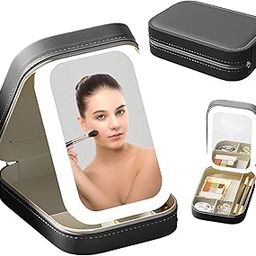 KHUMARI LED Travel Makeup Mirror with Lights and Storage – Portable Lighted Vanity Mirror with Touch Sensor, Adjustable Brightness – Compact Cosmetic Organizer Case for Women, Girls, Skincare (Black)-image-28