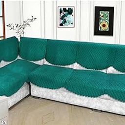 Ur Shopee Velvet Solid Pattern L Sape 7 Seater Self Design Sofa Cover/Sofa Panel/Furniture Cover-Teal Green-Pack of 14-image-53