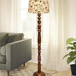 Rustic Wood Floor Lamp in Walnut Brown with Multicolor Fabric Lamp Shade | Light Decoration Home Corner | Living Room & Bedroom Bedside Floor Lamp, Antique Floor Light, Candlestick, Vine and Flowers-image-38