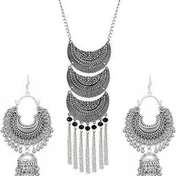 Oxidised Silver Chain & Earring Set For Women Pack of 1 White-image-35