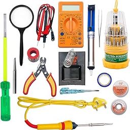 Electronicspices (15 in 1) 25watt soldering iron/digital multimeter/iron bit/solder stand/pump/desolder wire/paste/cutter tester/tape/tweezer/Screw Driver/Magnify Glass/Screwdriver set-20