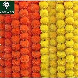 Abhaas 10 Pcs Indian Handmade Artificial Marigold Garland Flowers for Decoration Long for Door Decoration Toran Genda Phool for Wedding/Festivals|4.5-4.9Ft| 5 Yellow + 5 Orange|10 Strings-12