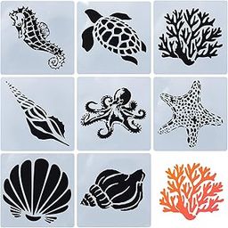 GORGECRAFT 8 Mixed Sea Animals Stencils Set 5.1x5.1 Ocean Creatures Painting Templates for DIY Art Crafts Scrabooking (Starfish, Conch, Seahorse, Coral, Shell Designs)-image-44