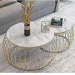 Dream Arts 2 Piece Round Coffee Table Home Decor Tea Table Nesting Stacking Center Table with Water-Proof Laminated Marbled Tabletops for Living Room, Bedroom or Apartments (Gold White)-57