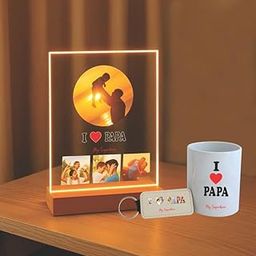 THE GRANDEUR Fathers Day Gift Combo, Personalised Led Photo Lamp with Keychain, Magic Mug and Jewellery Set, Gift for Dad, (Design 6)-25