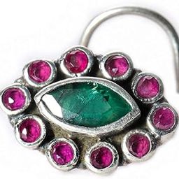 Multi Color Stone Nose Pin Wire Nose Pin in Pure 92.5 Sterling Silver For Girls And Women Marqis Shape Kishti Shape-image-93
