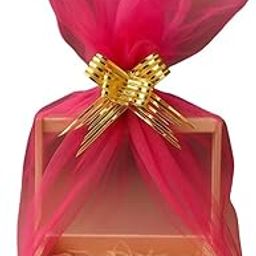 Wooden Gift Basket with Pink Net Wrap,Grass & Golden Ribbon | Decorative Empty Hamper Box & Decoration Material For Wedding, Baby Shower, Return Gifts & Festive Packing-image-95