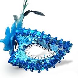 Wanna Party Women's Blue Sequin Eye Mask with Flower for Masquerade Party,Fancy Dress Costume, New Year Party-26