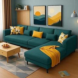 FURNY Mintona 6 Seater Fabric RHS L Shape Sofa Set (Teal Color)-image-27