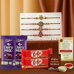eCraftIndia Set of 4 Ganesha, Peacock, Shrinathji, Kalash Designer Rakhis for Brothers with Chocolate, 2 Cadbury Dairy Milk, 2 Kitkat, Rakhi with Chocolate Gift - Roli Chawal Pack, Greeting Card-image-31