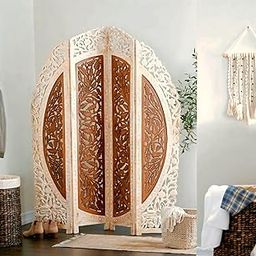 Rose Wood National Wooden Room Partition for Living Room 4 Panels Leaf Design and Partitions Room Divider Panel for Home (Golden-White-Brown) (4 Panel 6 Feet), (158W x 183H cm).-5