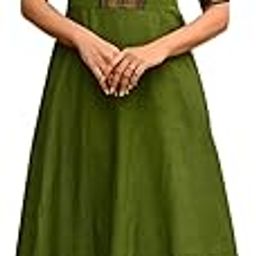 Traditional Chanderi Anarkali Dress, Olive Green with Gold Border, Half Sleeves, Calf Length-image-89