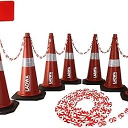 LADWA 750mm Combo of Impact Resistant Road 7 Traffic Safety Cones + 7 mtr chain + 7 Hooks & 1 Sign Plate with Reflective Strips Collar For Road Attention-5